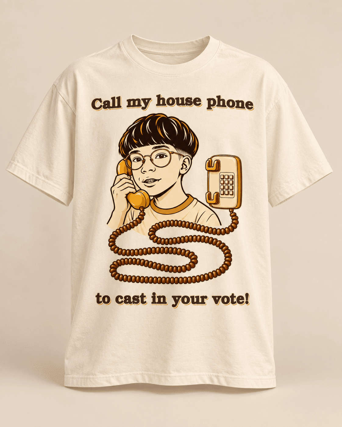 Cream house-phone tee concept mockup with the character holding the receiver
